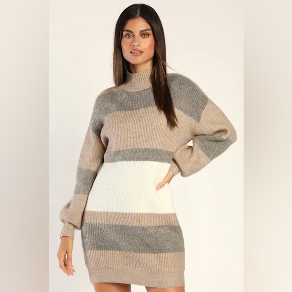 323. Lulu's Women's Sweater Dress - Brown, Gray, and White